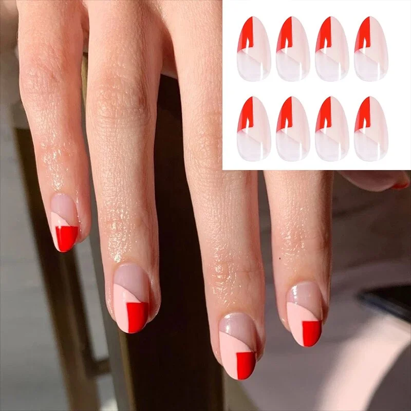 Short Nail with Design Nude Pink Color Square Head Full Cover Nail Art Tips Women Nail Decorative Christmas Press On Nail Tips-Nail Inspo