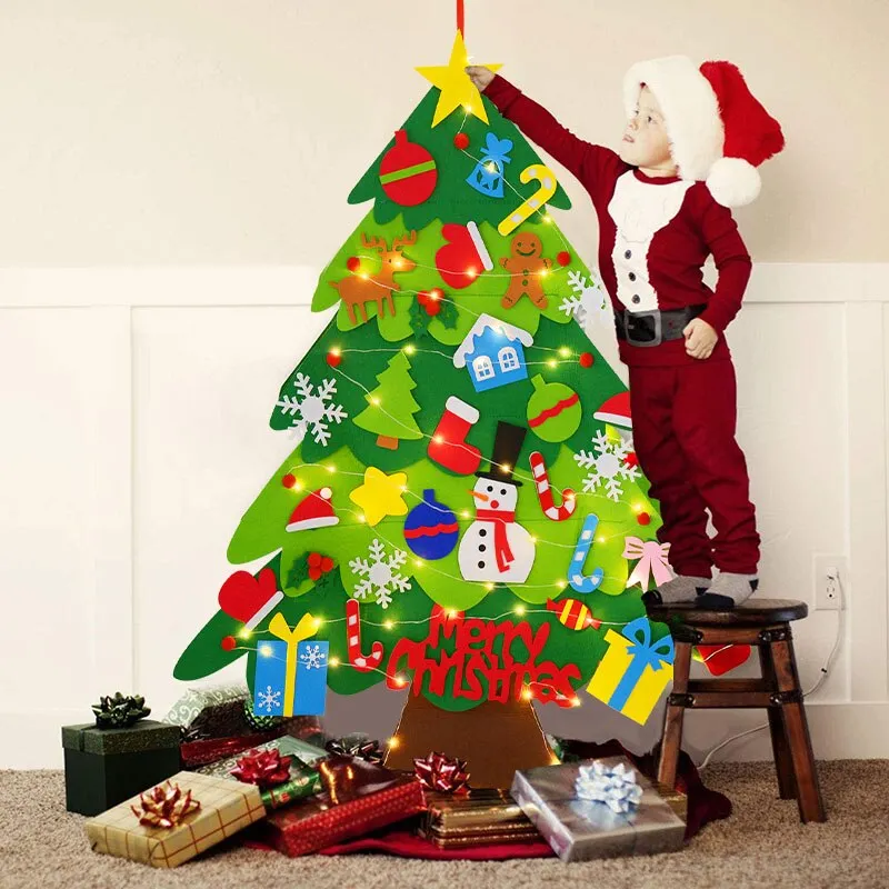 DIY Felt Christmas Tree With LED Light New Year Kids Gift Toys Door Wall Hanging Ornaments Christmas Decoration For Home Navidad