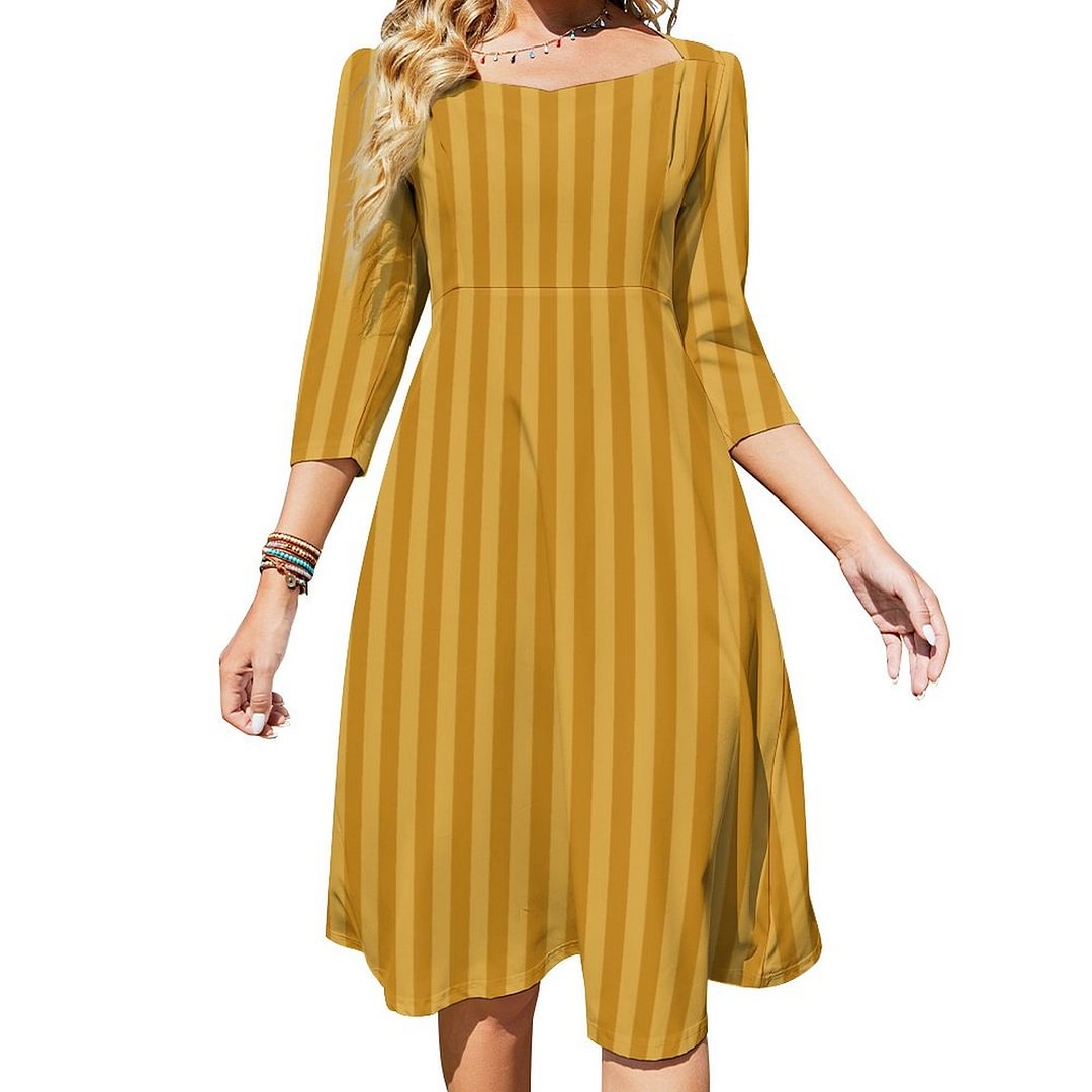 Yellow Brown Striped Trend Colors Elegant Template Dress Sweetheart Tie Back Flared 3/4 Sleeve Midi Dresses