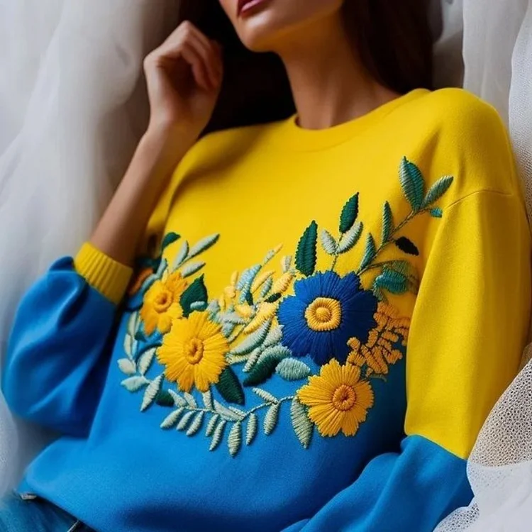 Ukraine Ethnic Floral Contrast Color Sweatshirt