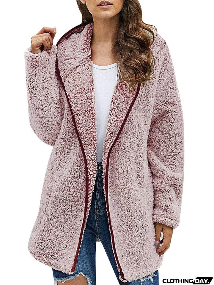 Ladies Casual Solid Color Hooded Plush Fleece Coats