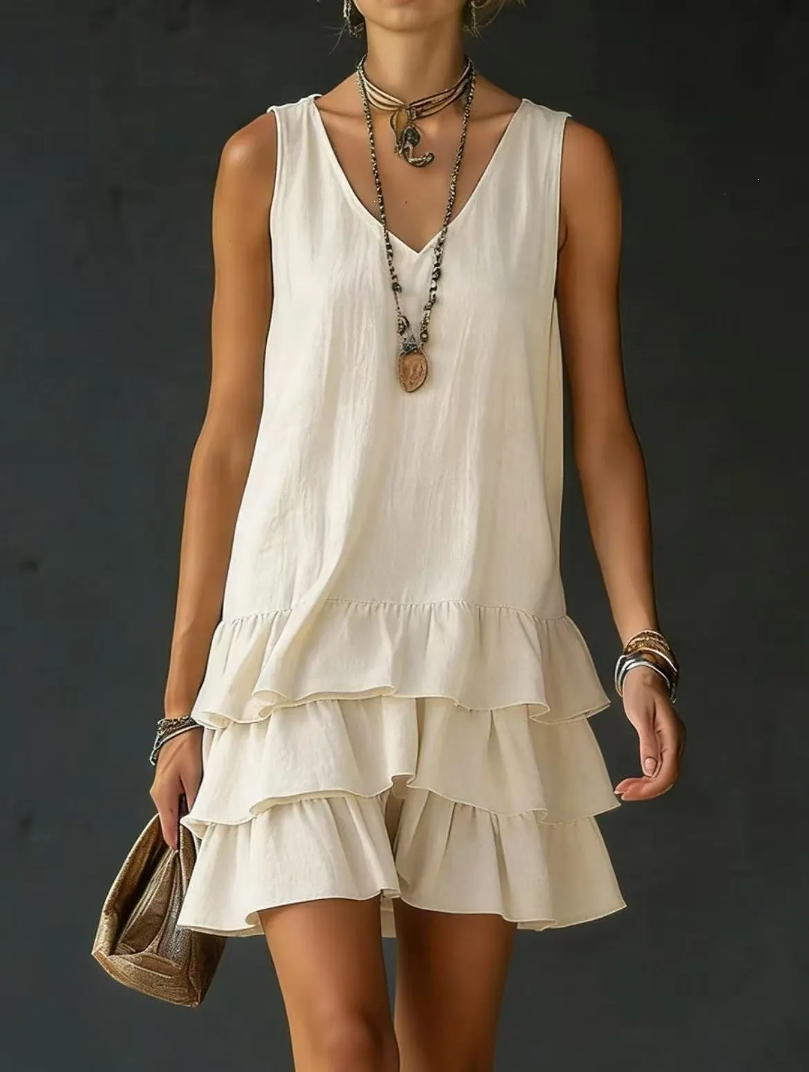 Women&rsquo;s Sleeveless V-Neck Loose Tiered Ruffle Hem Solid Casual Mini Dress