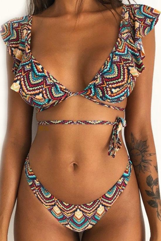 Ethnic Printed Brazilian Cut Ruffle Bikini Swimsuit - Two Piece Set - Shop Trendy Women's Clothing | LoverChic