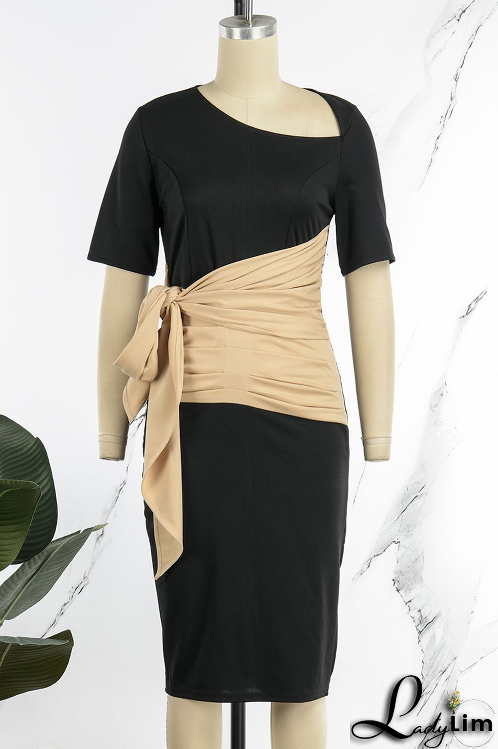 Rose Red Casual Solid Bandage Patchwork Fold Asymmetrical Collar One Step Skirt Dresses