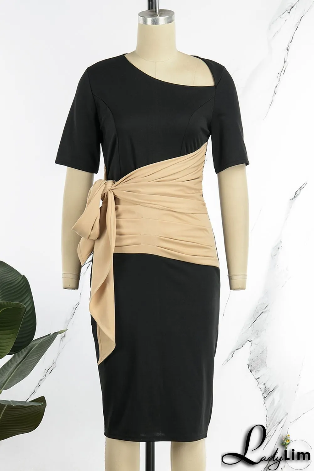 Rose Red Casual Solid Bandage Patchwork Fold Asymmetrical Collar One Step Skirt Dresses