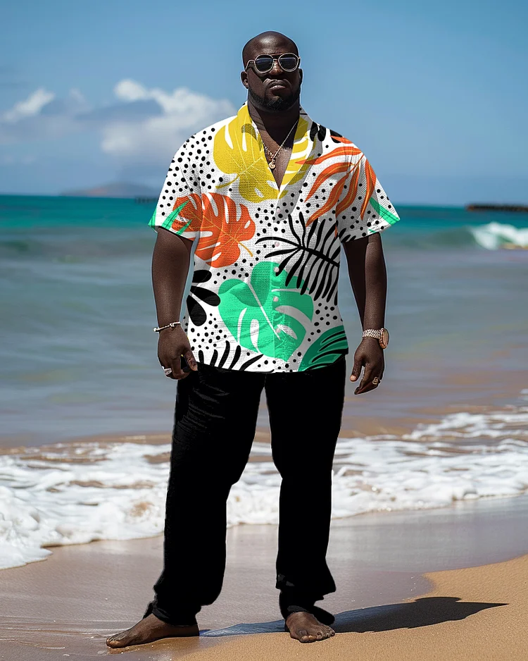 Men's Plus Size Hawaiian Floral Print Short Sleeve Shirt Trousers Suit