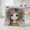 Quirky Girl 11CT Stamped Cross Stitch Pillow Cover Kit 3-Strand Embroidery with Zipper 45x45cm