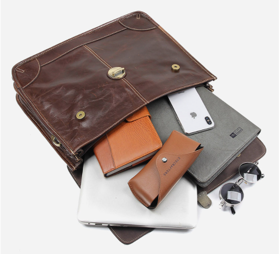 Brown distressed leather computer bag , real full grain leather laptop bags for men , slim leather document bag briefcase