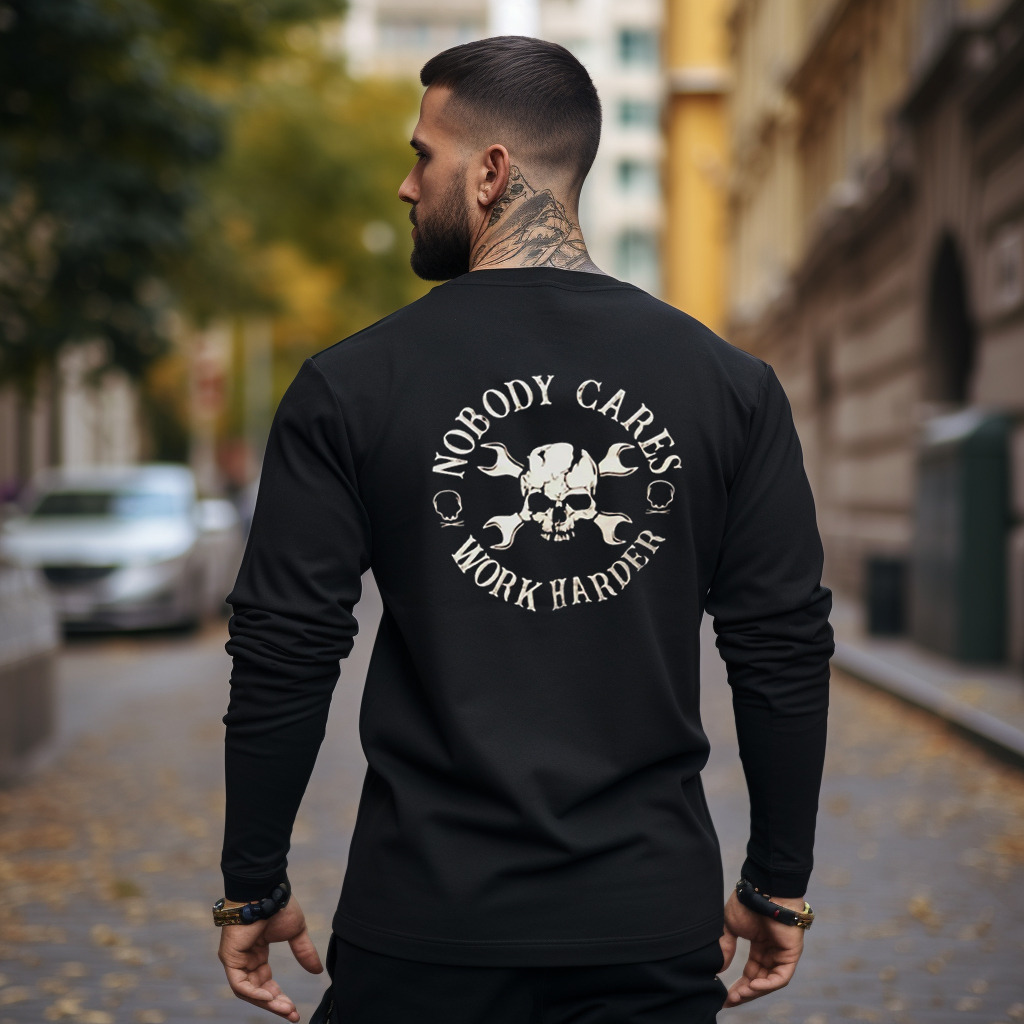 NOBODY CARES, WORK HARDER Skulls with Handles Graphic Print Longsleeves Shirt