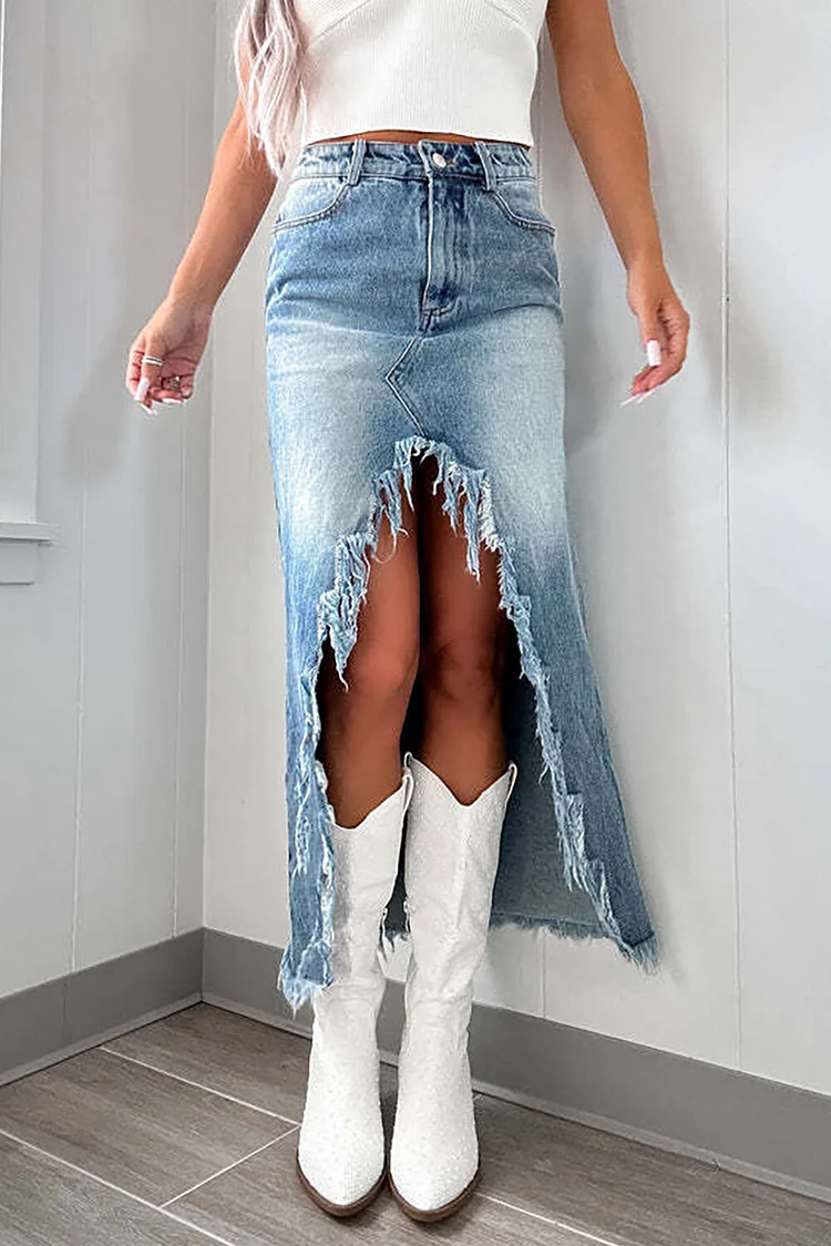 High Waist Bodycon Raw Edge Slit Denim Midi Skirt-Blue