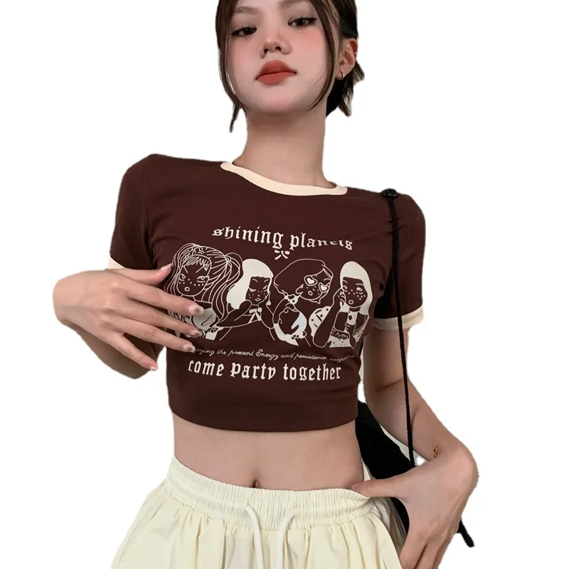 Brownm Brownm Summer Vintage Print T-Shirt Women's Color Round Neck Slim Short Sleeved Top Girl