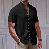 Camicia da uomo a maniche corte in cotone e lino con collo alto e bottoni