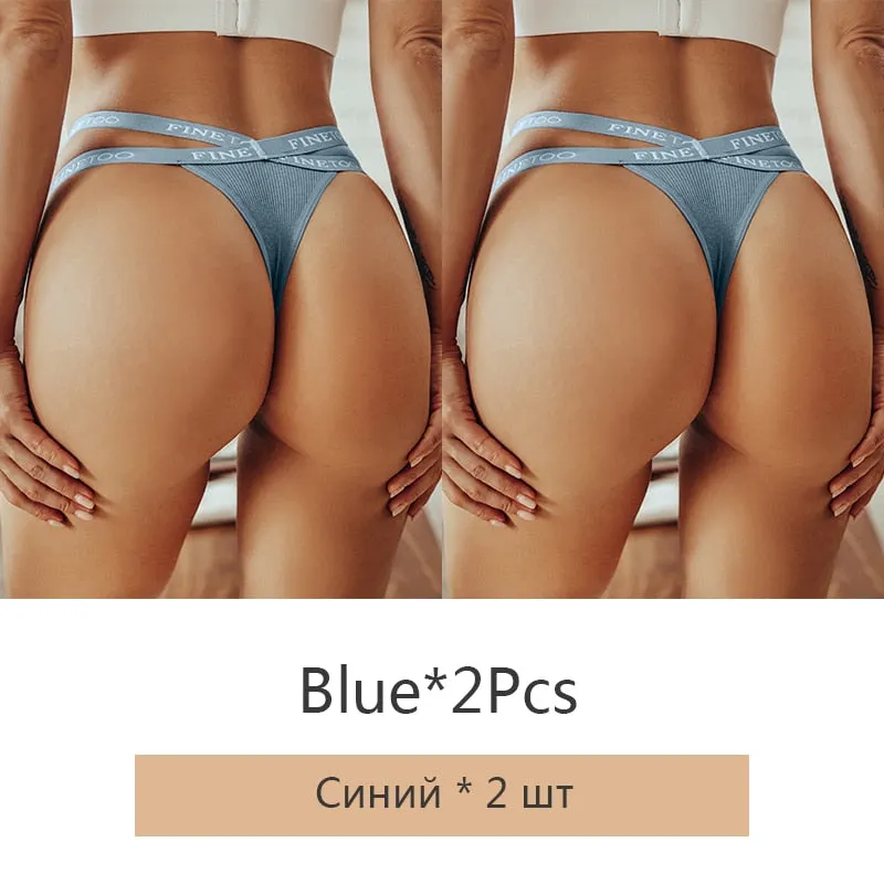 FINETOO 2Pcs/set Sexy Thongs Women Cotton G-string Panties Letter Bikini Underwear Girls Cross Belt Low-rise Underpants Lingerie