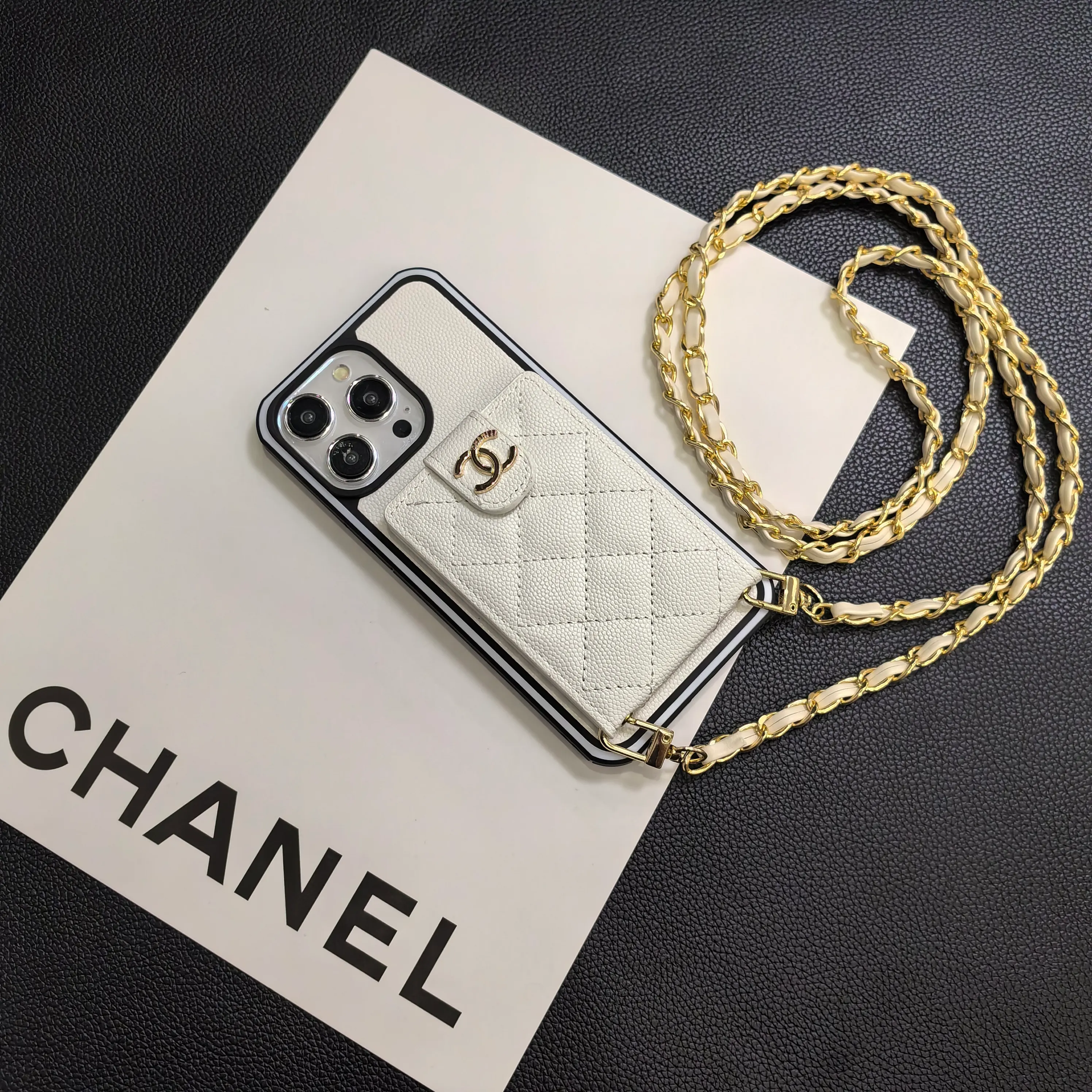 Luxurious Lambskin Chanel Button Card Holder iPhone Case Crossbody
