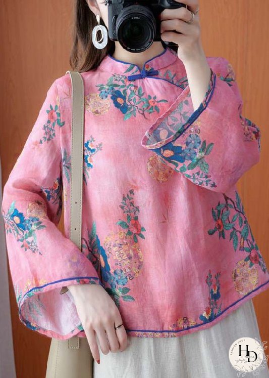 Vintage Pink Stand Collar Button Print Linen Shirt Top Long Sleeve