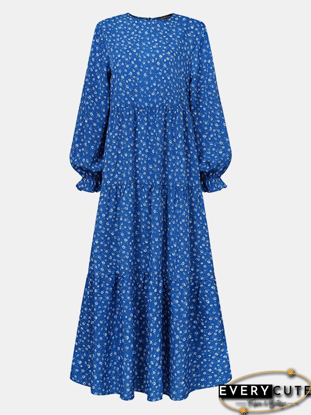 Floral Print Ruffle Long Sleeve Casual Muslim Dress for Women