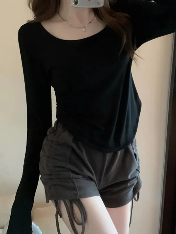 Long Sleeves Skinny Buttoned Solid Color High Neck T-Shirts Tops