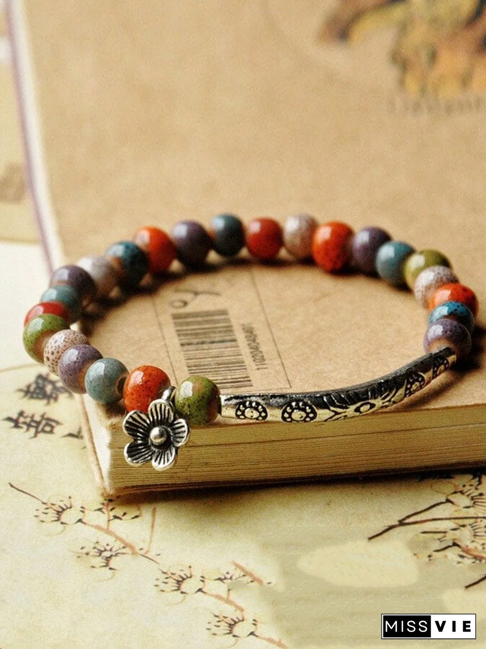 Women's ethnic style flower glaze bead ceramic bracelet