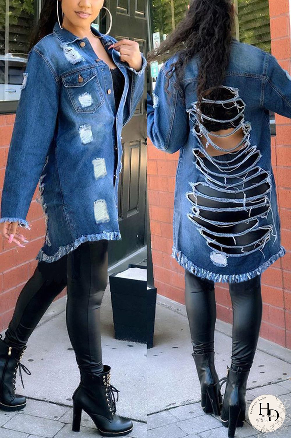 Baby Blue Fashion Casual Solid Ripped Turndown Collar Long Sleeve Regular Denim Coats