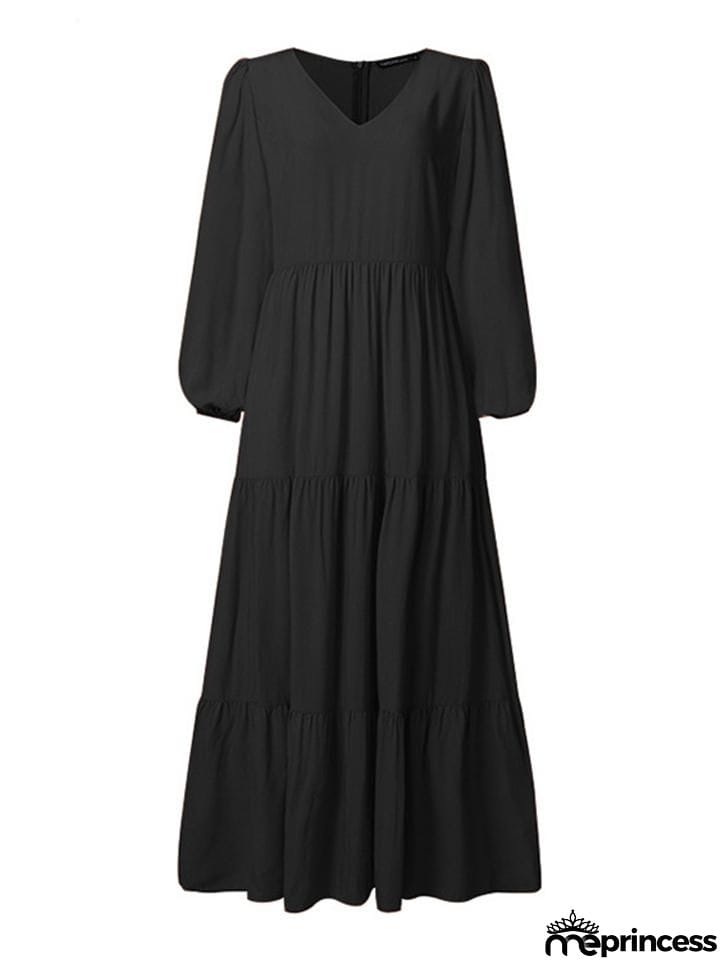Stylish V Neck Long Sleeve Elastic Cuff Pleated Maxi Dress