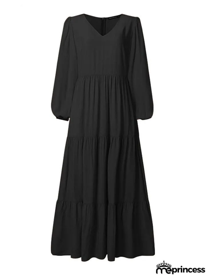 Stylish V Neck Long Sleeve Elastic Cuff Pleated Maxi Dress
