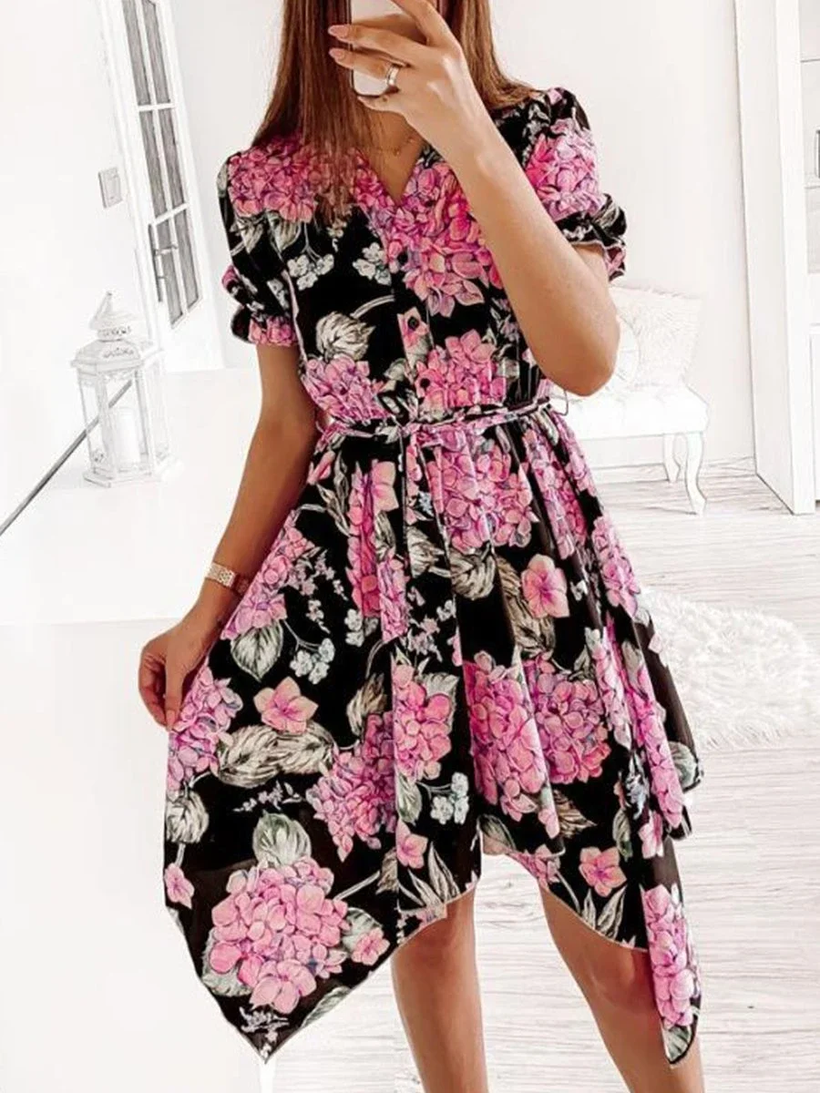 V-neck Print Short-sleeved High-low Midi Dress P16289