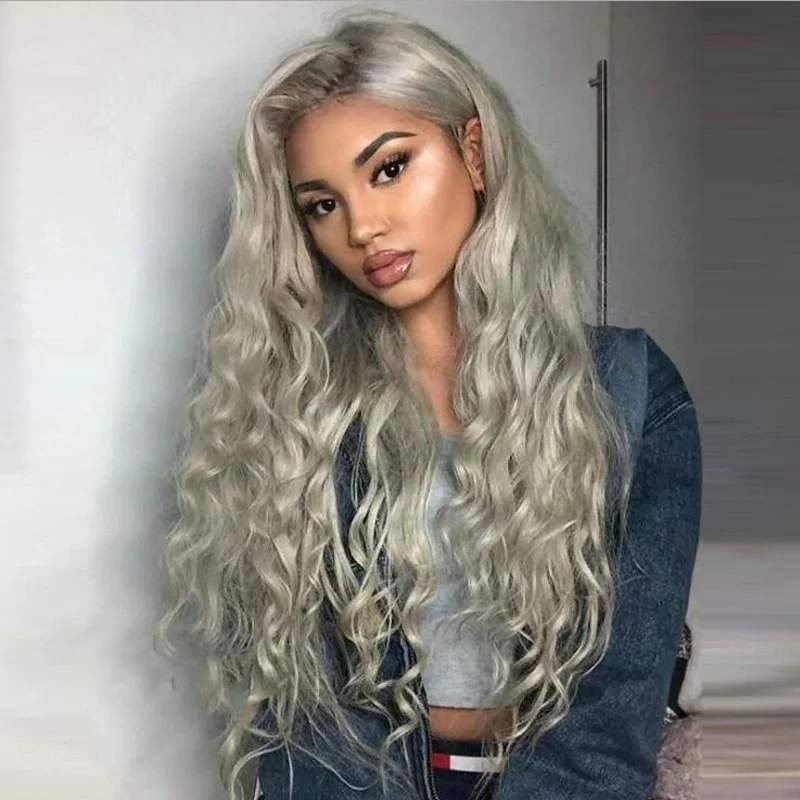 Female Long Curly Hair Gray Small Curly Hair Fashion Gray Fiber Wig Head Cover-Hoverseek
