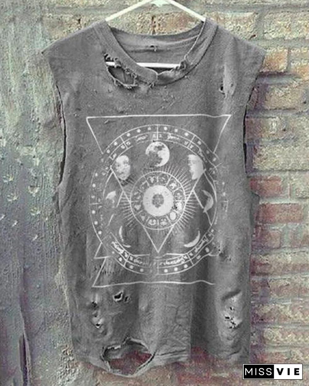 Vintage Round Neck Sleeveless Broken Holes T-Shirt