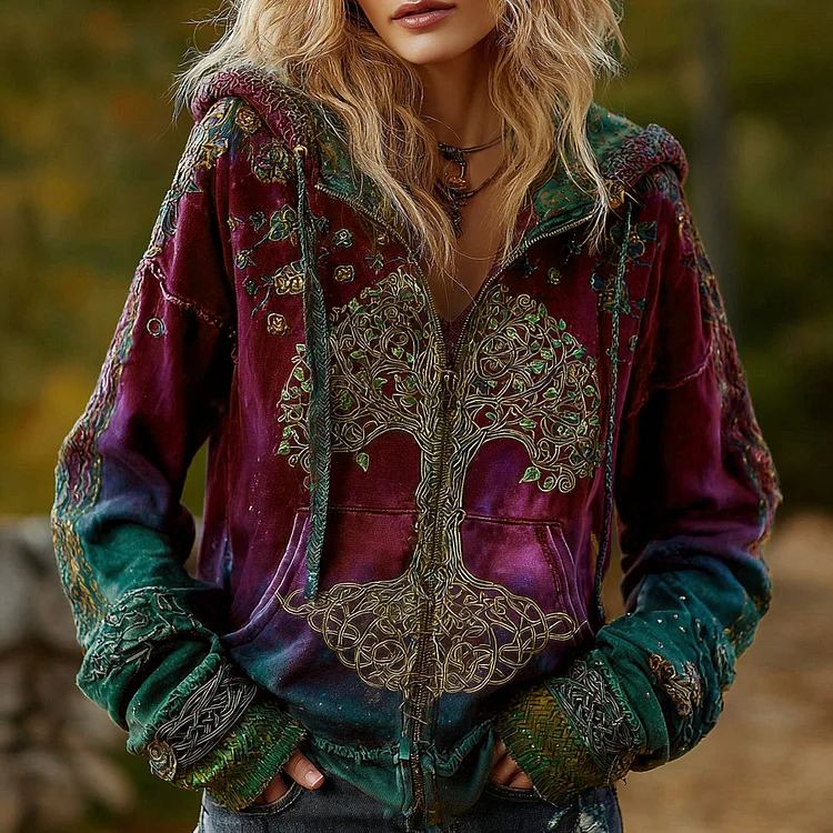 Women's Vintage Viking Tree Of Life Cozy Warm Zip Hoodie Cardigan