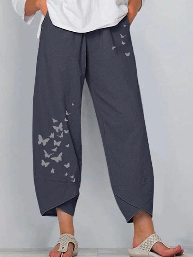 Women's Butterfly Printed Mid Waist Loose Chinos Full Length Pants shopify LILYELF