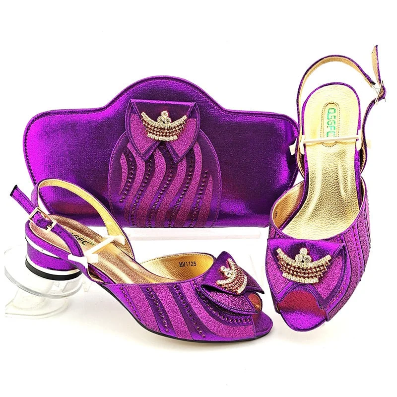 2021 Italian Design New Arrival Summer Low Heels Fashion Style Nigeiran Party Wedding Women Shoes and Bag Set in Gold Color