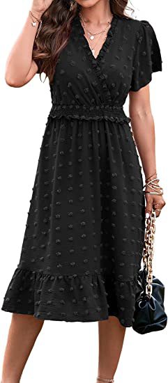 Women's Fashion V Neck Polka Dot Pleated Bohemian Casual Midi Dress