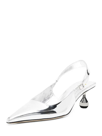 パンプス CAGE SLINGBACK Metallic Finish Silver Cage Buckle Slingback Pumps with