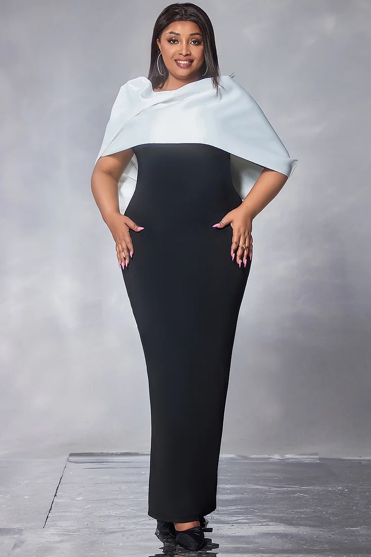 Xpluswear Design Plus Size Formal Maxi Dresses Elegant Black Cape Sleeve Contrast Knitted Maxi Dresses [Pre-Order]