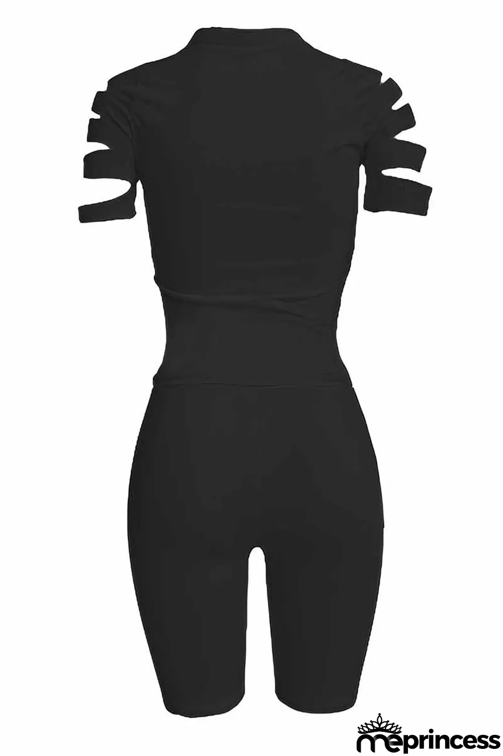 Black Casual Print Ripped Letter O Neck Short Sleeve Two Pieces