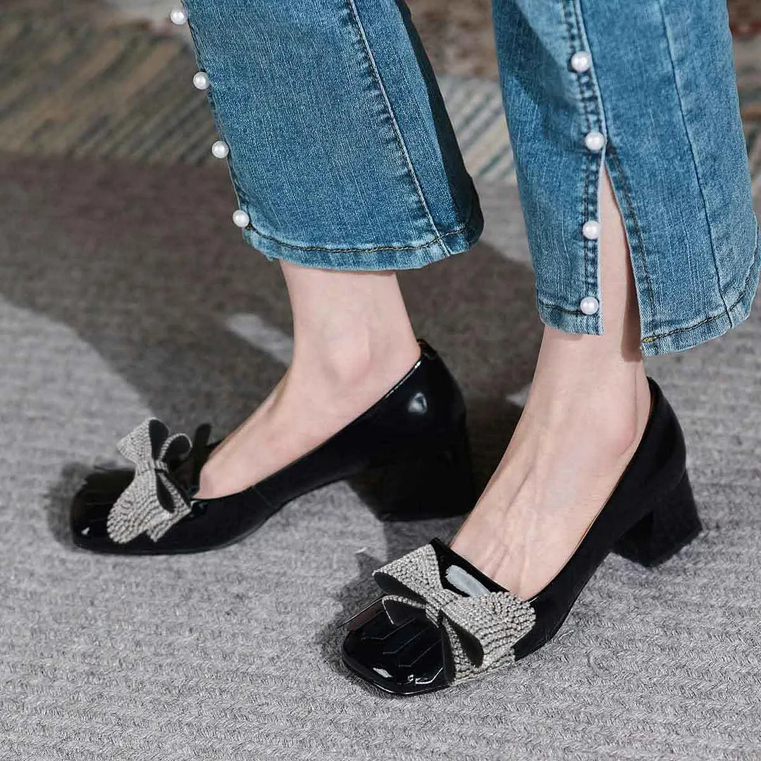 Rhinestone Bow Square Toe Chunky Heel Fringe Black Pumps for Women