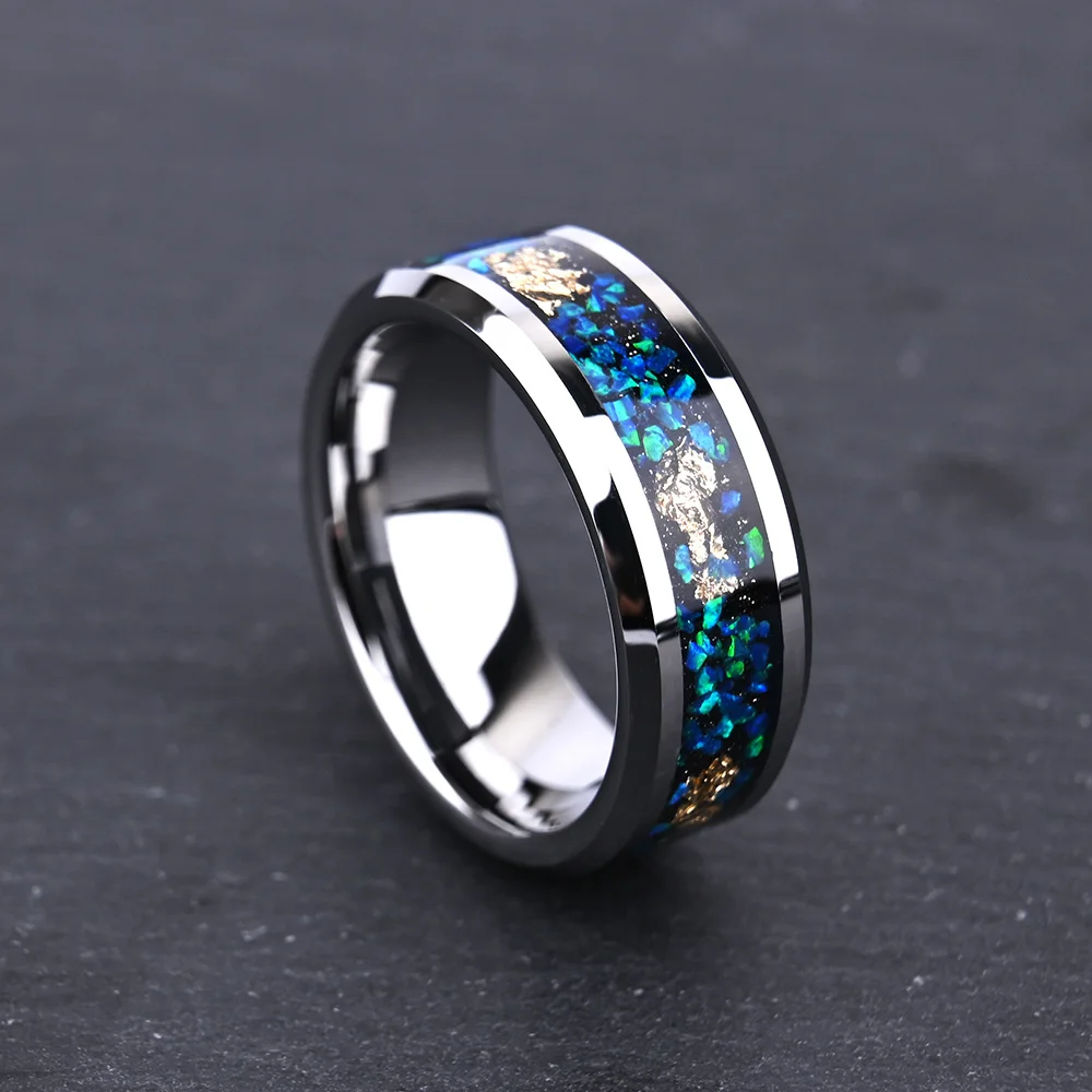 8MM Mens Women Flat Beveled Tungsten Rings Blue Opal and Gold Foil Wedding Bands