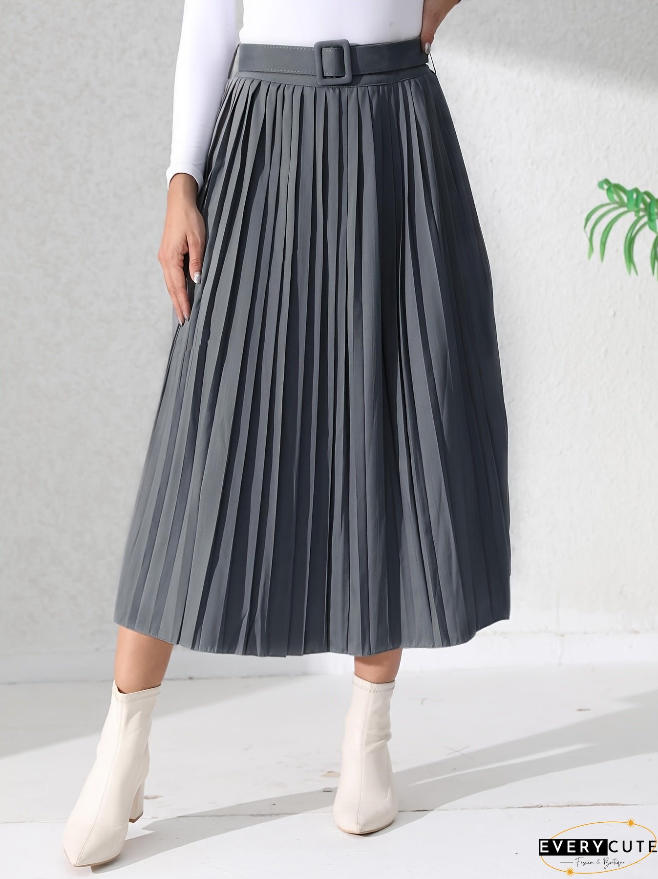 Solid Pleated Skirt, Casual Midi Skirt For Spring & Summer, Women's Clothing