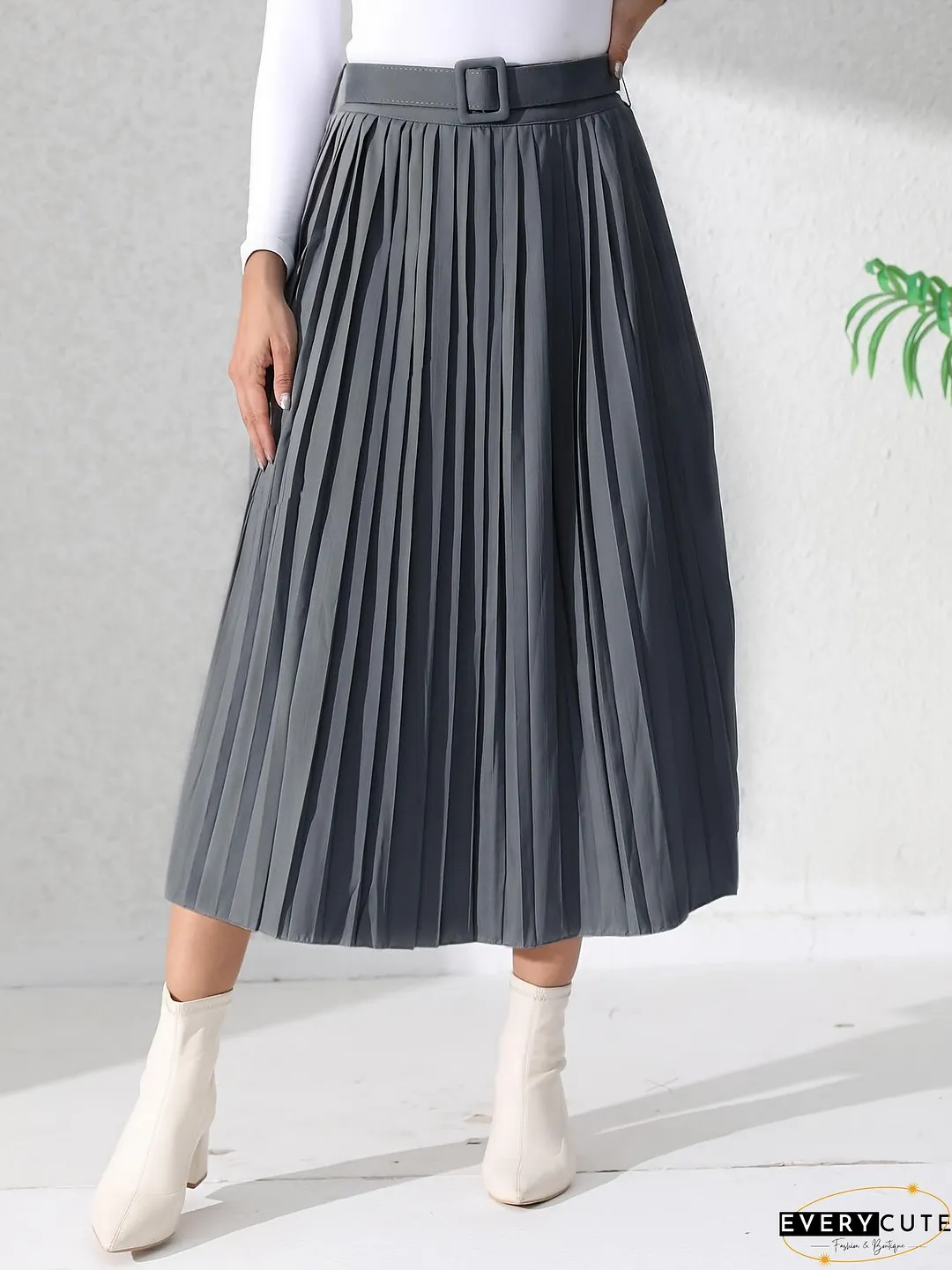Solid Pleated Skirt, Casual Midi Skirt For Spring & Summer, Women's Clothing