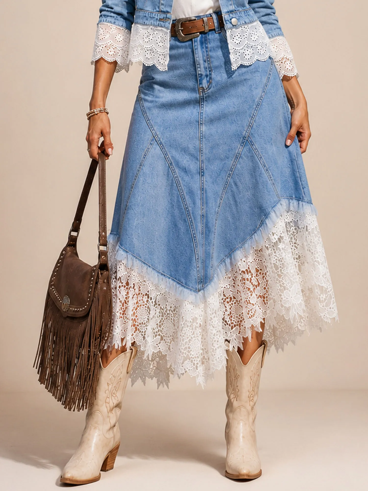 Perfect for a Western-Themed Party &mdash; 2026 Spring/Autumn Women's Blue Vintage Washed Lace-Trimmed Denim Set