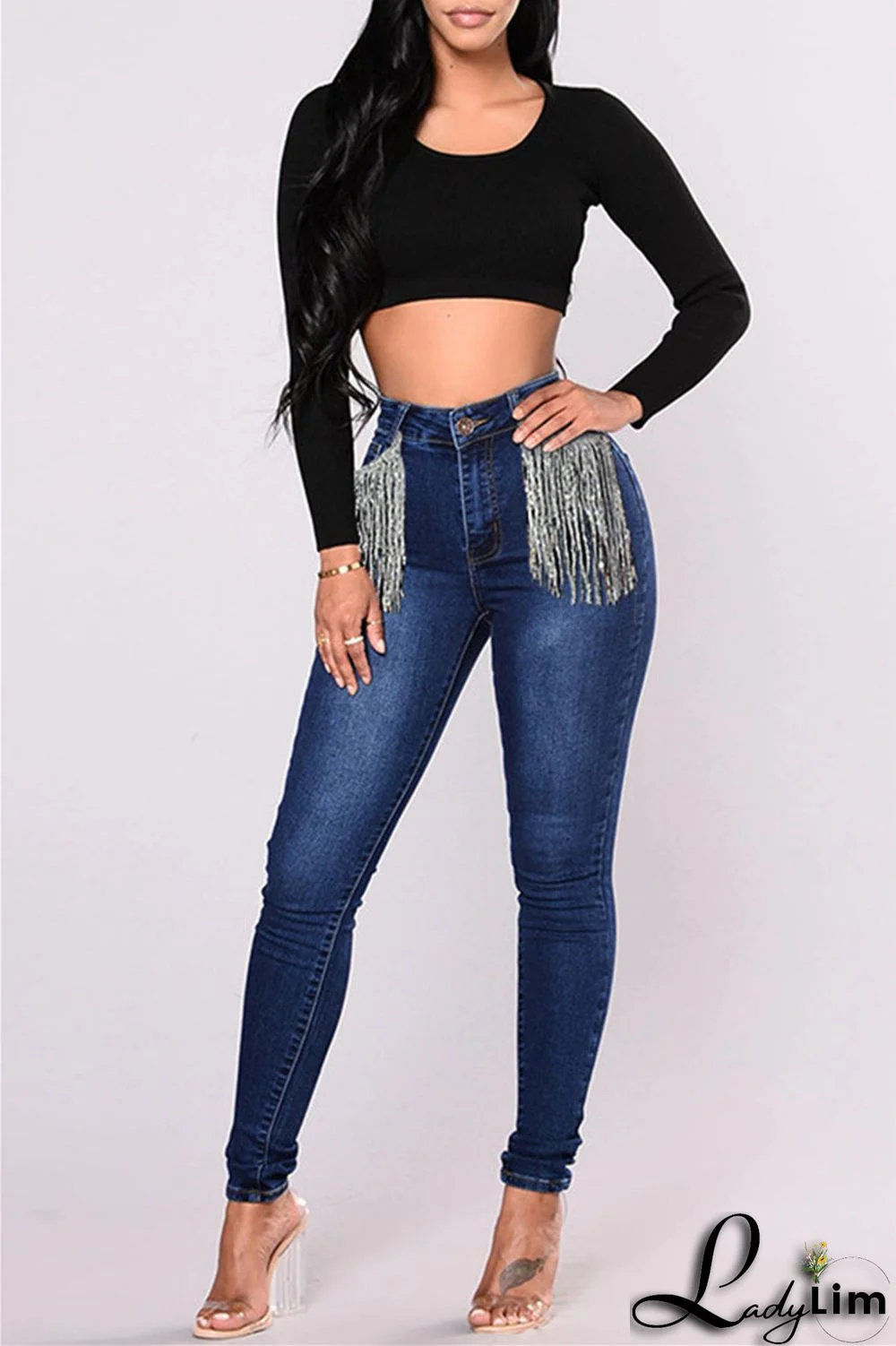 Light Blue Fashion Casual Solid Tassel Patchwork Mid Waist Skinny Denim Jeans