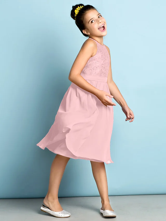 Daisda A-Line Jewel Neck Knee Length  Flower Girl Dress With Lace 