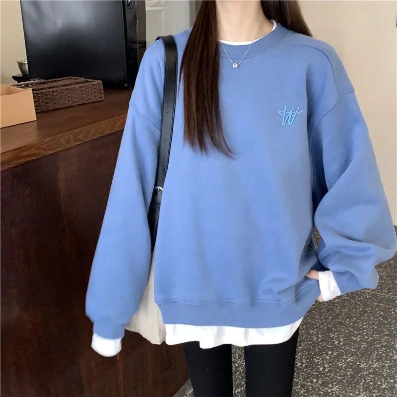 2021 Splicing Pullover Women Autumn Winter Fleece Thick Korean Version Oversized Hoodies O Neck Long Sleeve Girl Sweatshirt
