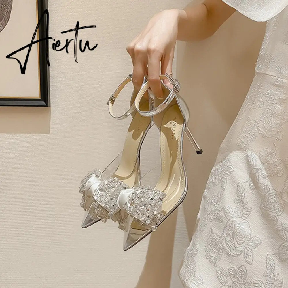 Crystal Bowknot Pumps Women Transparent Pvc Thin Heels Wedding Party Shoes Woman Bling Rhinestones High Heels Shoes Aiertu