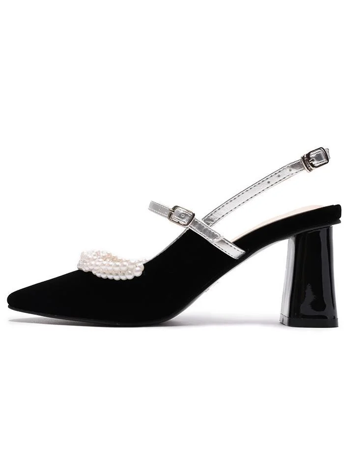 Baotou thick heel gold velvet pearl small square toe high heels