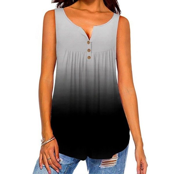 Womens Fashion Plus Size Summer Clothing Casual Sleeveless Tops Gradient Round Neck Vest T-shirt Button-down Blouse Loose Camisole Shirt Ladies Cami Tank Tops - Shop Trendy Women's Clothing | LoverChic
