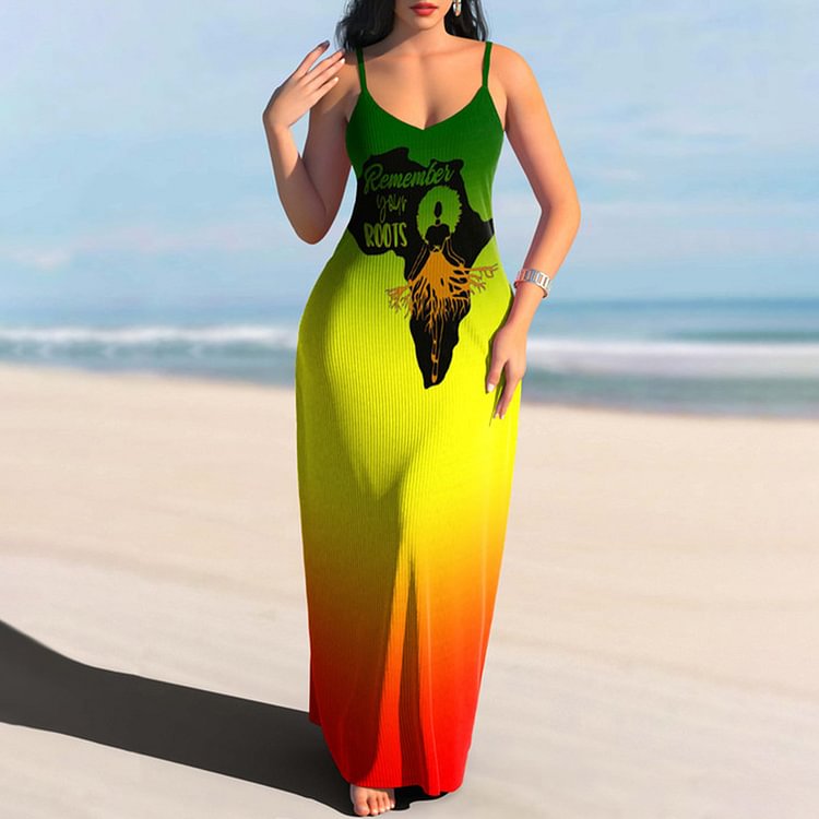Vefave Juneteenth Africa Map Print Slip Maxi Dress