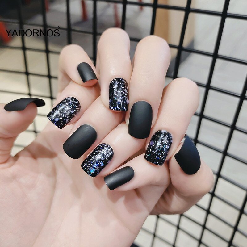24pcs Black Press On Nail With Glue Removable Mid Length Paragraph Fashion Manicure all for False Nails free shipping nails