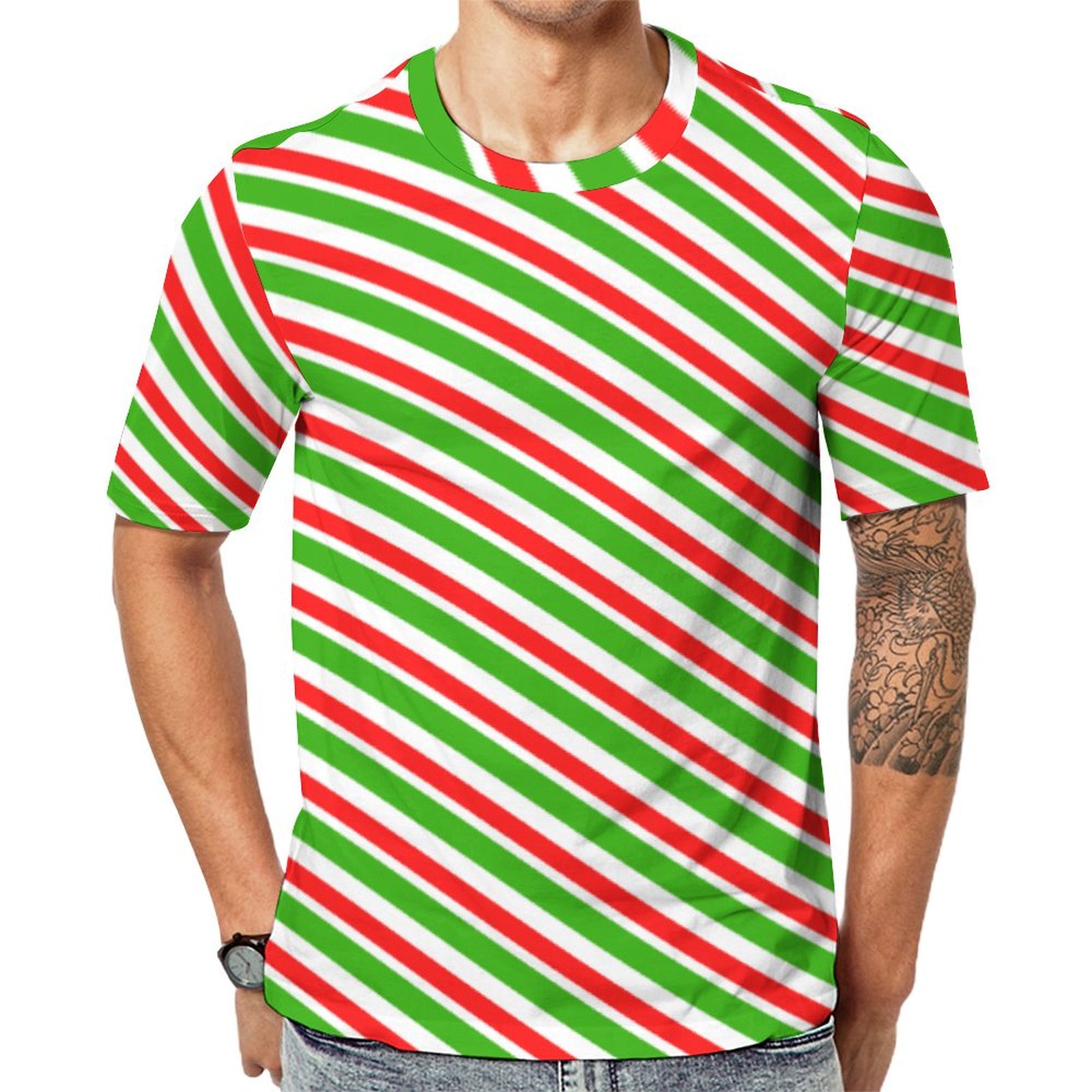 Fun Red White Green Christmas Stripes Short Sleeve Print Unisex Tshirt Summer Casual Tees for Men and Women Coolcoshirts