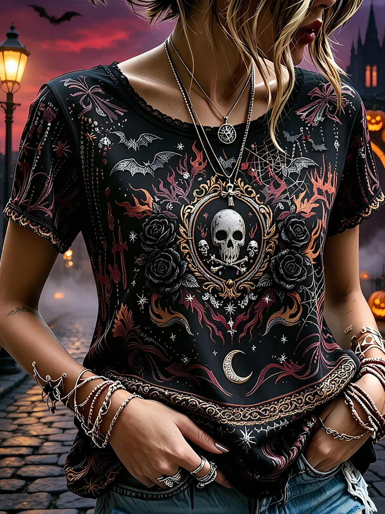 Women's Gothic Skull And Roses Graphic Short Sleeve T-shirt artswardrobe